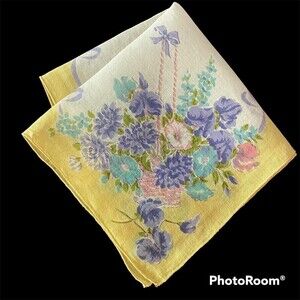 Vtg Hanky Handkerchief Flower Basket Floral Bouquet Purple Pink Turquoise Yellow